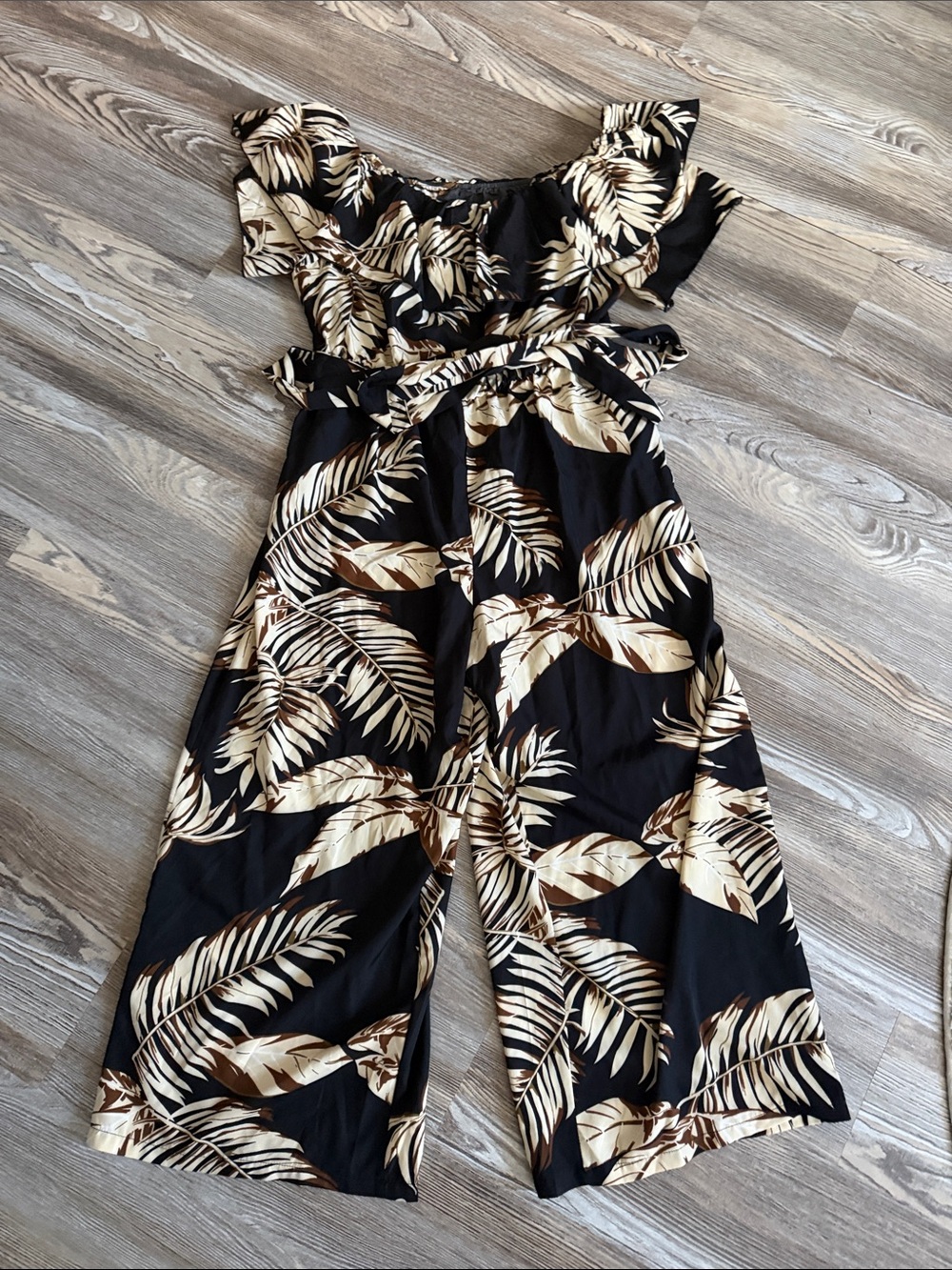 Women’s Black and Cream Tropical Print Jumpsuit with Belt